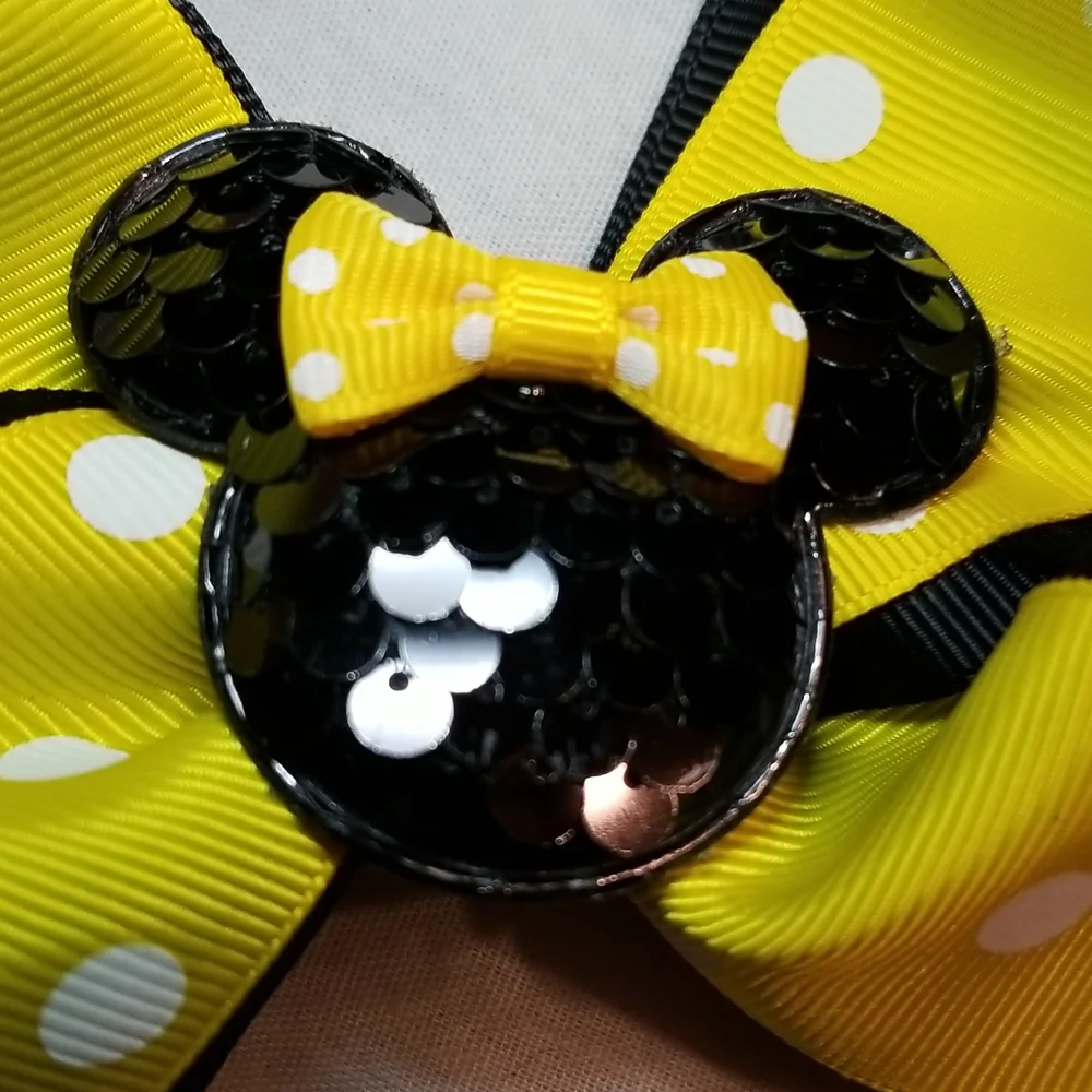 GIRLS MOUSE EARS 6' BOW WITH SEQUINS SET OF PEARL MOUSE CLIPS 4 BOWS - Picture 5 of 10